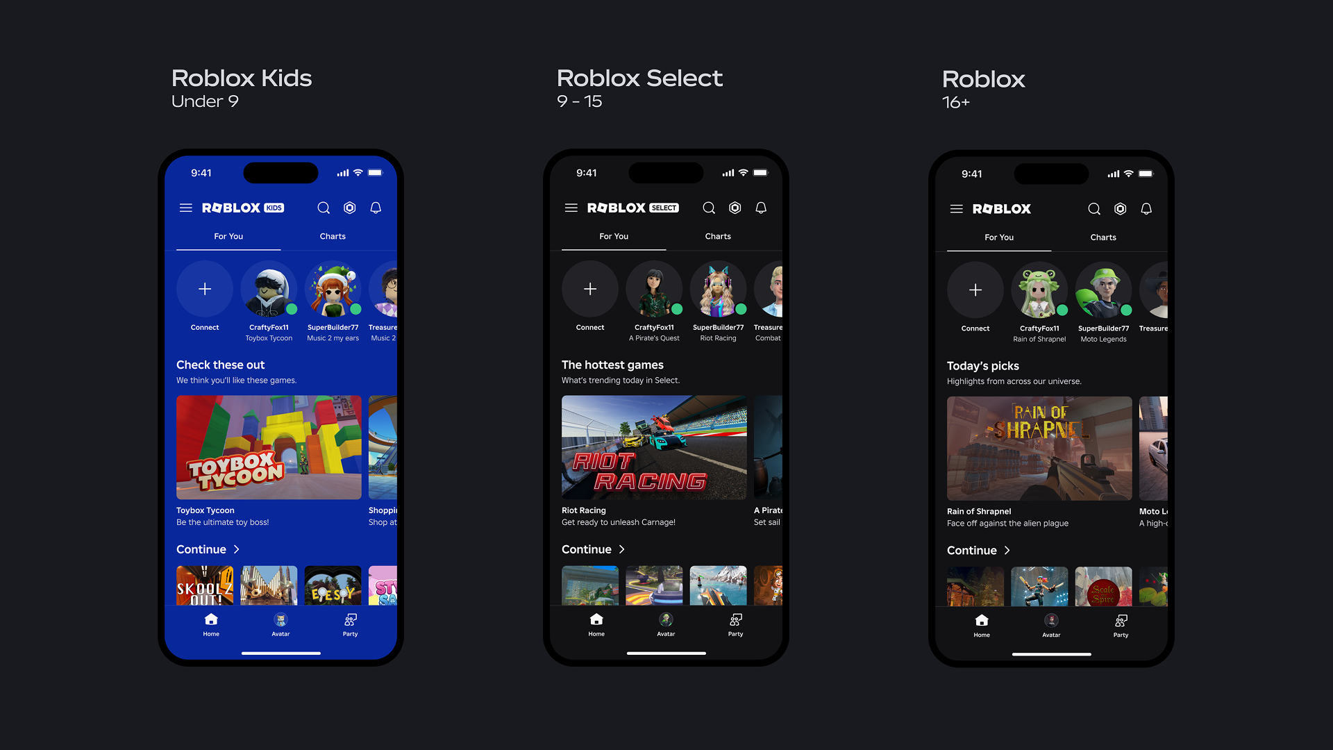 Roblox app shown across three age-based account types — Roblox Kids (under 9), Roblox Select (9-15), and standard Roblox (16+).