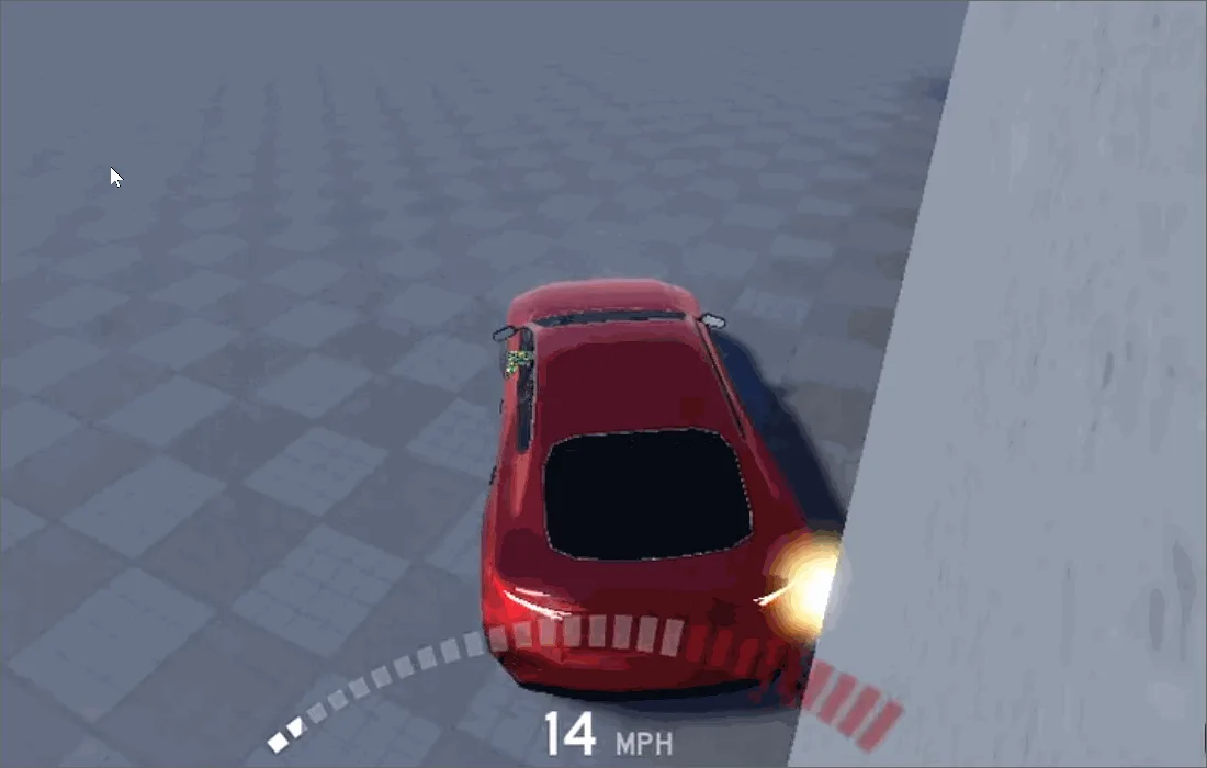 A red sports car scraping along a grey wall in a Roblox test scene, with a bright burst of sparks at its rear corner where it meets the wall and an on-screen speedometer reading 14 MPH.