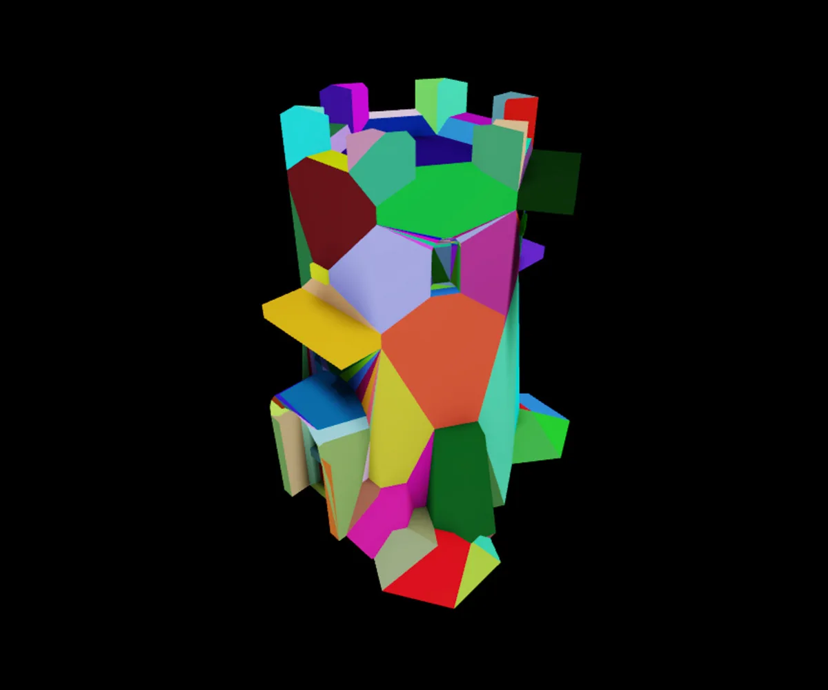The same castle-tower mesh with PreciseConvexDecomposition collision fidelity: the shape broken into dozens of differently coloured convex pieces, against a black background.