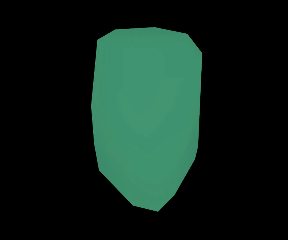 The castle-tower mesh with Hull collision fidelity: one smooth green convex shape with no cavities, against a black background.