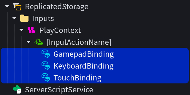 Roblox Studio Explorer showing ReplicatedStorage containing an Inputs folder, a PlayContext InputContext, an InputAction, and three child InputBindings named GamepadBinding, KeyboardBinding, and TouchBinding.