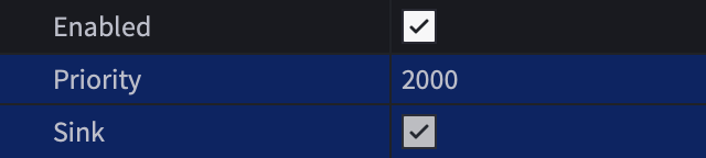The Roblox Studio Properties window for an InputContext showing Enabled checked, Priority set to 2000, and Sink checked.