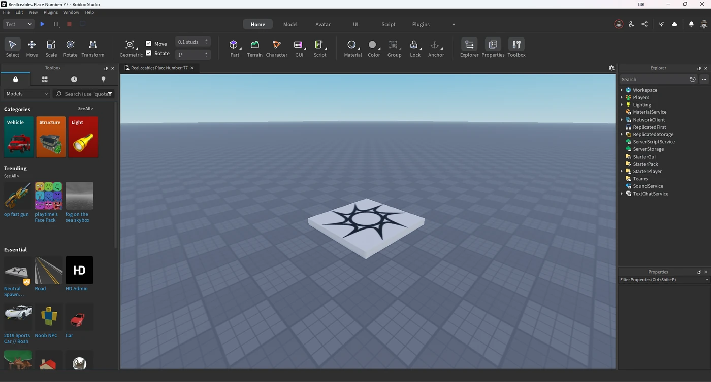 Roblox Studio in its dark theme showing the 3D viewport, the Explorer tree, and the Properties window where InputContext, InputAction, and InputBinding instances are configured.