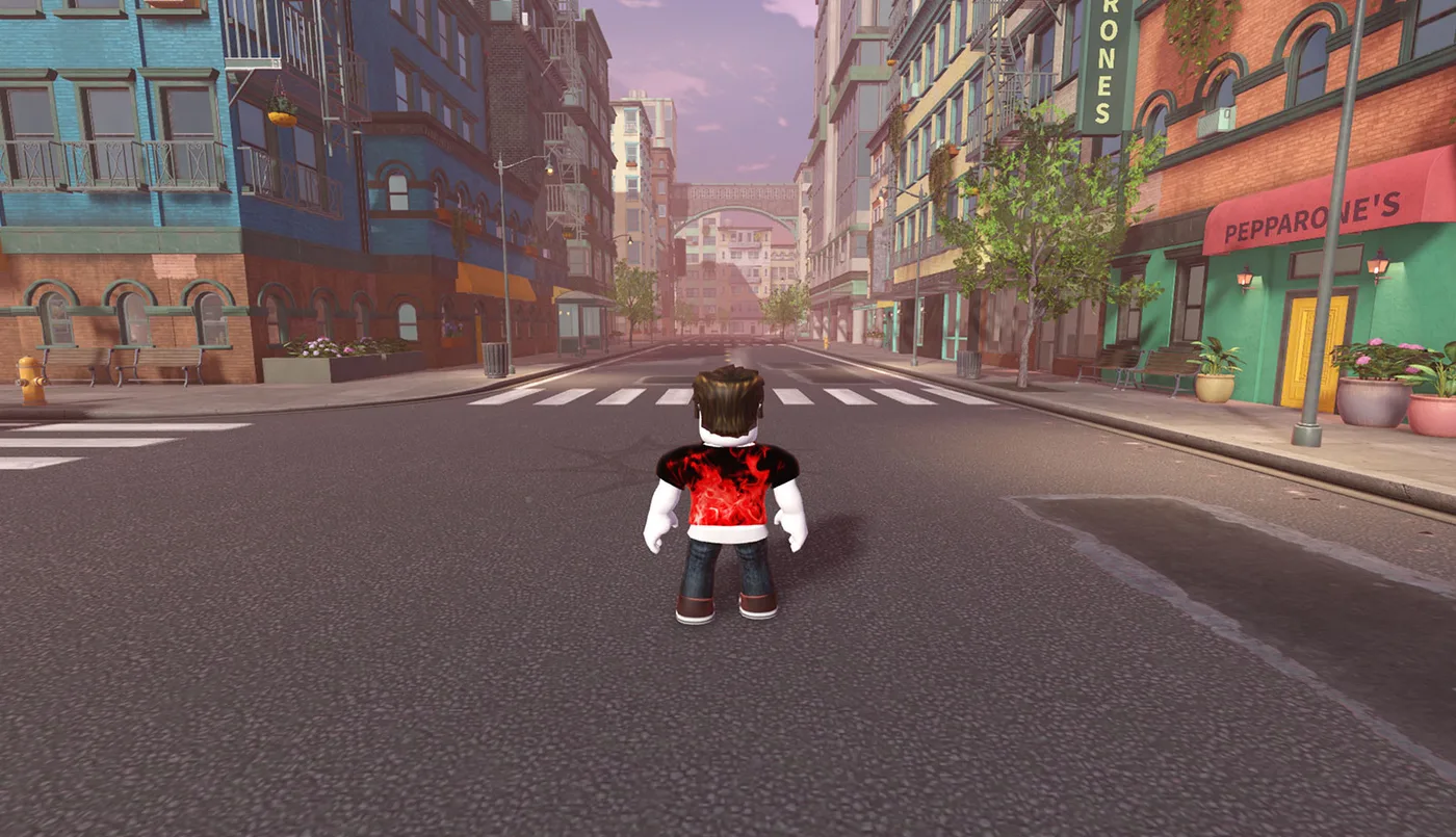 A Roblox city street viewed from behind a player avatar, with detailed buildings, street trees, benches and shopfronts still rendered far into the distance thanks to SLIM level-of-detail — from the official Roblox Creator Documentation.