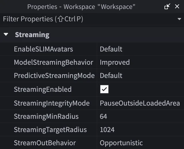 The Roblox Studio Properties window showing the Workspace Streaming category with EnableSLIMAvatars set to Default, ModelStreamingBehavior Improved, PredictiveStreamingMode Default, StreamingEnabled checked, StreamingIntegrityMode PauseOutsideLoadedArea, StreamingMinRadius 64, StreamingTargetRadius 1024 and StreamOutBehavior Opportunistic.