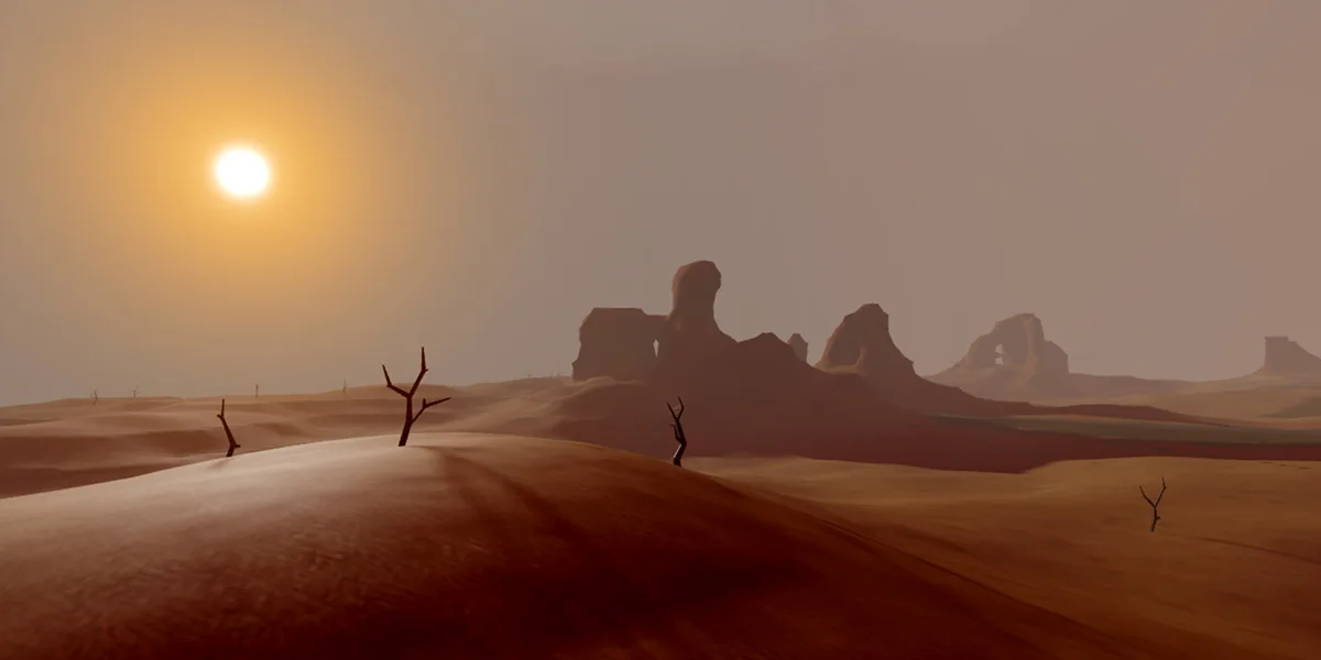A Roblox landscape with a high Atmosphere haze value, showing distant terrain dissolving into bright atmospheric light above the horizon.