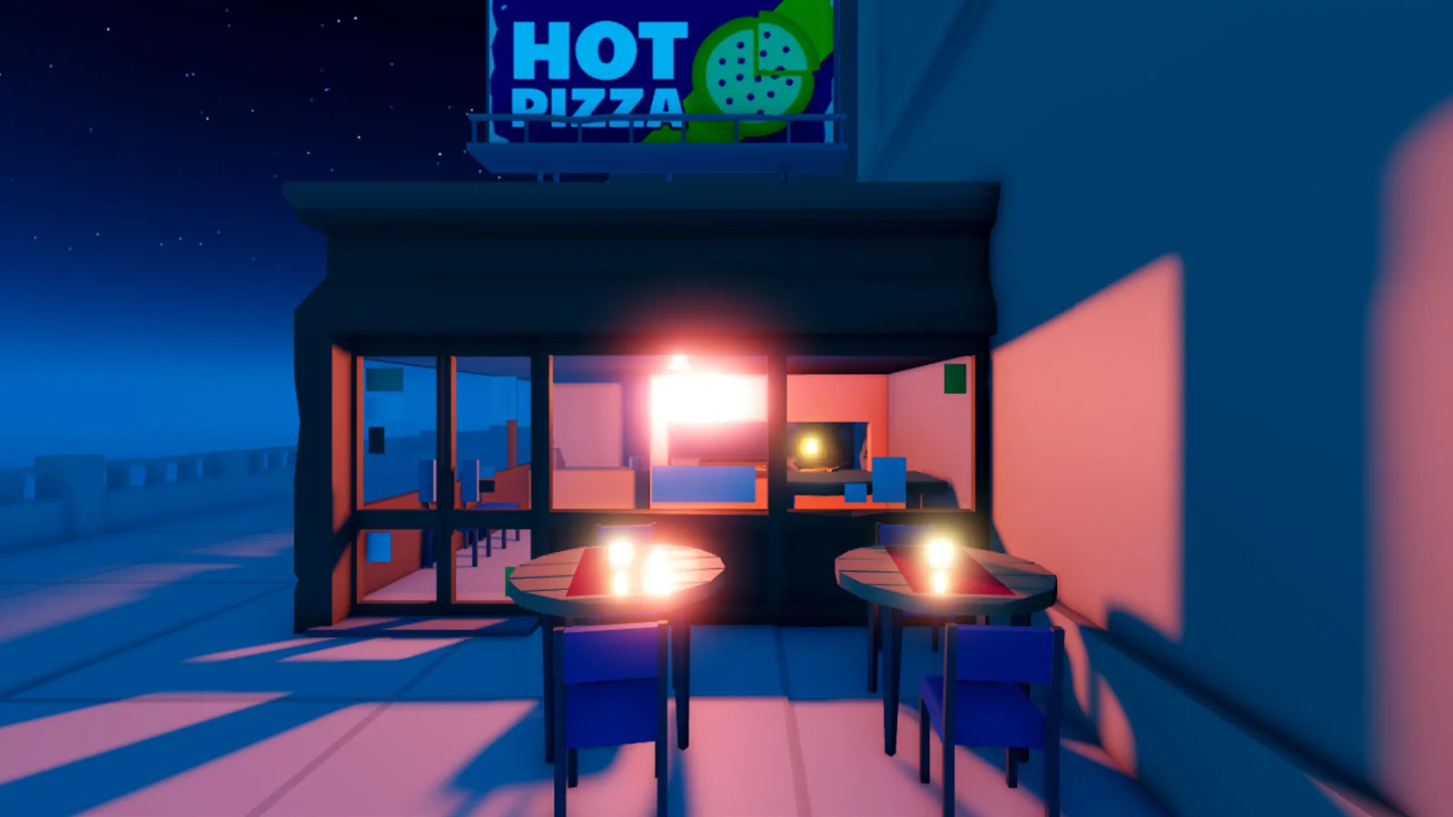 A nighttime Roblox street scene with BloomEffect applied, making lanterns and bright signage glow against the dark.