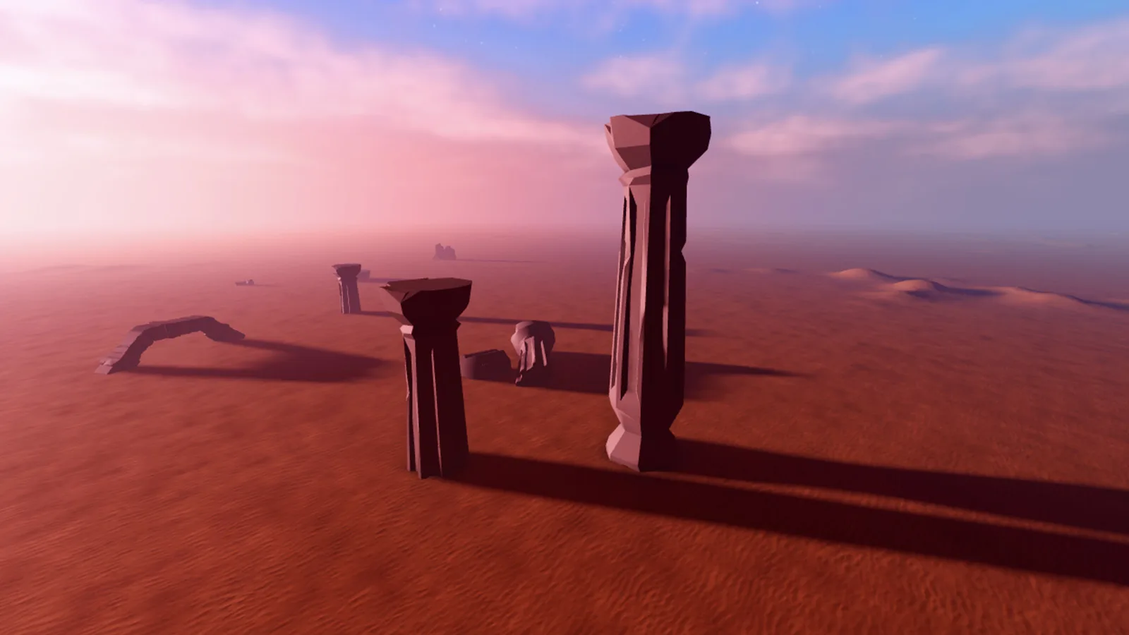 A Roblox scene at ClockTime 17, showing warm late-afternoon sunlight and long shadows across the environment.