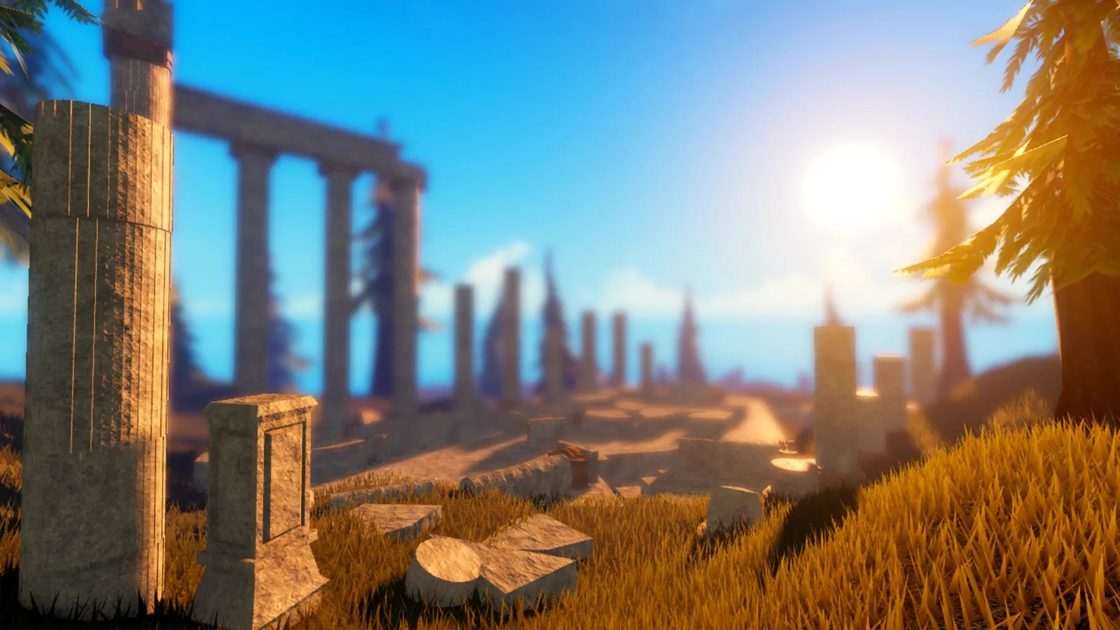 A Roblox landscape with DepthOfFieldEffect applied, keeping the midground sharp while distant terrain falls into soft blur.