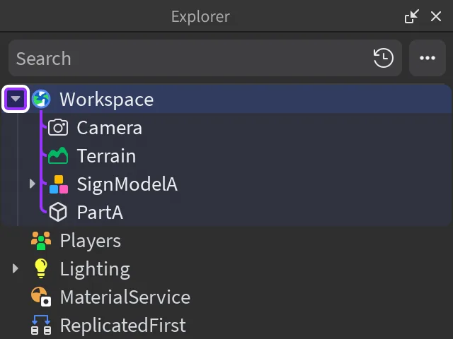 The Roblox Studio Explorer window showing the default service list — Workspace, Players, Lighting, MaterialService and ReplicatedFirst — with the Workspace branch expanded.