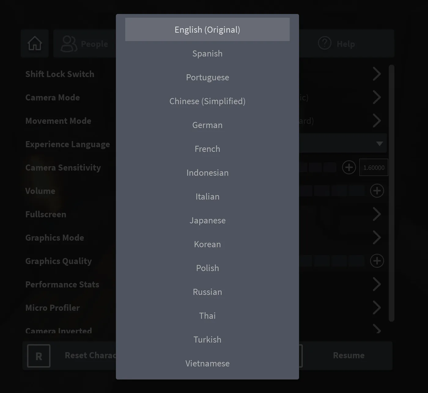 The Roblox in-game settings menu with the Experience Language dropdown open, listing English (Original), Spanish, Portuguese, Chinese (Simplified), German, French, Indonesian, Italian, Japanese, Korean, Polish, Russian, Thai, Turkish and Vietnamese.