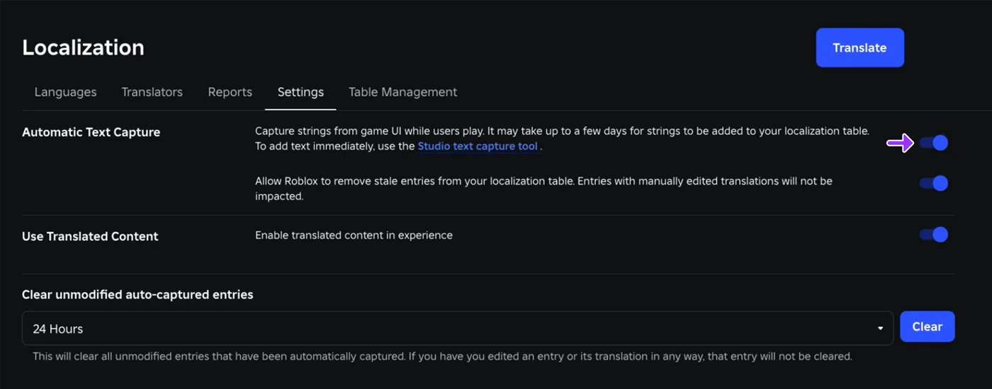 The Localization Settings tab on Creator Hub with three switched-on toggles: Automatic Text Capture, removal of stale entries, and Use Translated Content, above a Clear unmodified auto-captured entries dropdown set to 24 Hours.