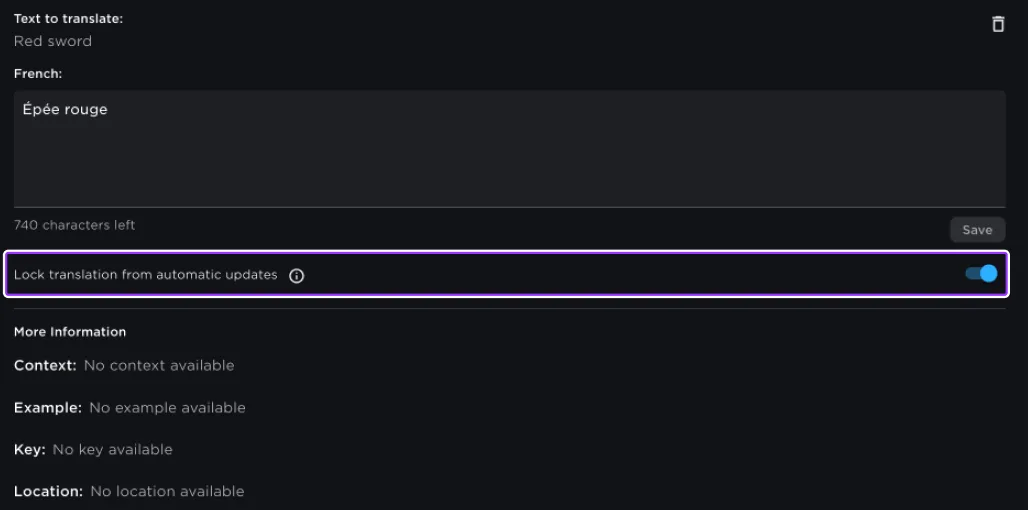 A Translator Portal entry translating "Red sword" into French as "Épée rouge", with a highlighted "Lock translation from automatic updates" switch turned on and empty Context, Example, Key and Location fields below.