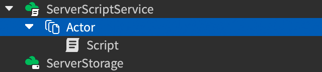 Roblox Studio Explorer showing a ServerScriptService containing an Actor instance, with a Script parented inside that Actor.