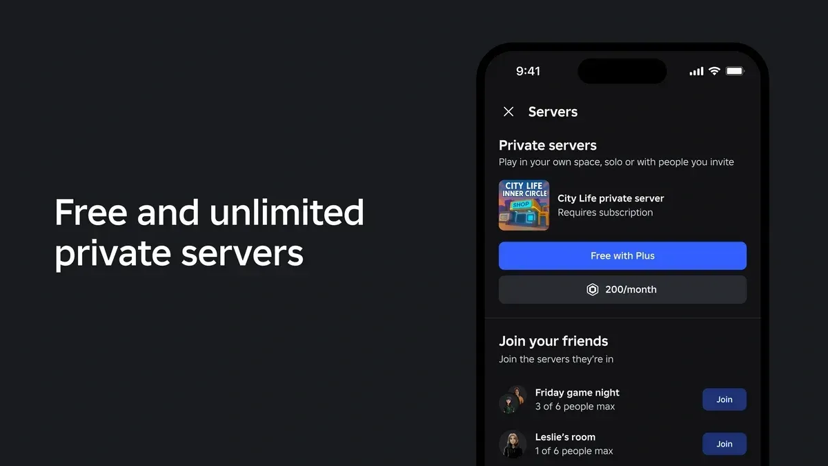 Roblox's own Plus launch imagery showing the Servers panel with the headline "Free and unlimited private servers" — the exact perk this September 2026 update scales back to one per game.