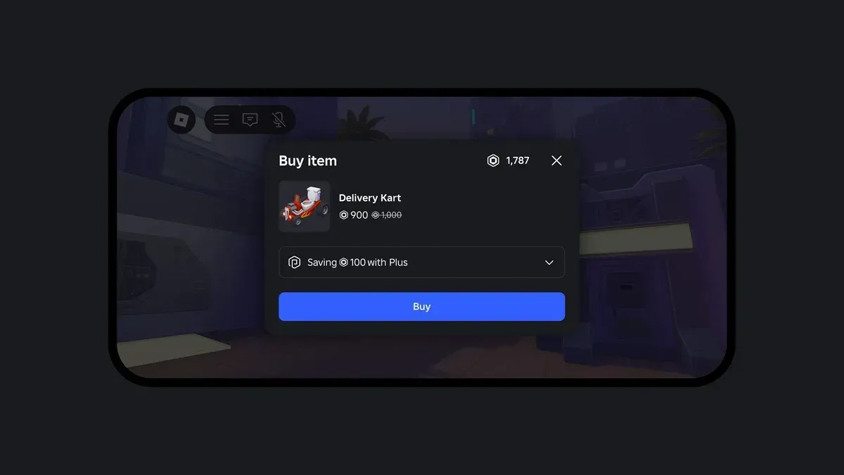 A Roblox purchase dialog showing a marketplace item discounted through a Roblox Plus subscription.