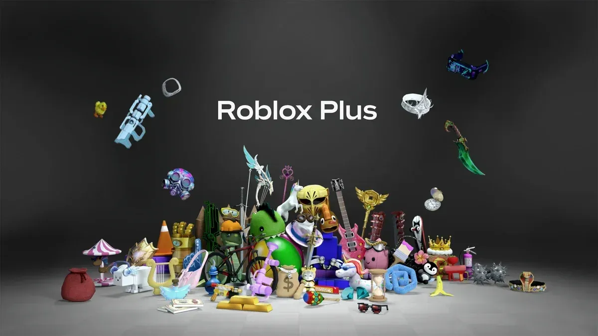 Roblox Plus branding image showing a collection of avatar items and the Roblox Plus wordmark.
