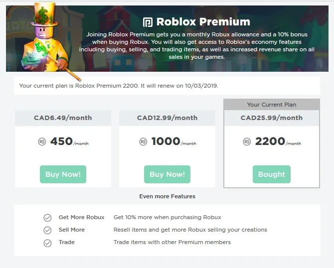 The Roblox Premium subscription page showing the membership tiers, each bundling a different monthly Robux stipend.