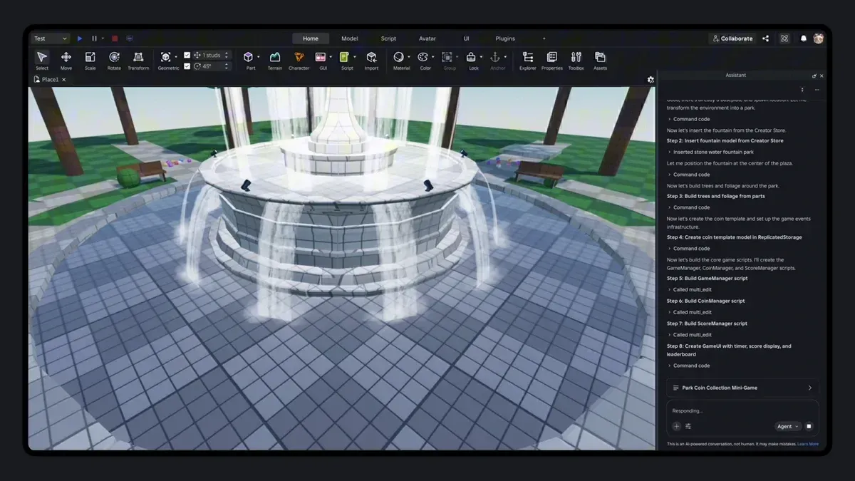 The Roblox Studio editor interface showing a 3D scene being built with the viewport, toolbar, and side panels.