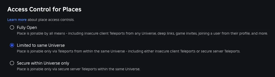The Roblox Creator Dashboard access-control settings that govern which experiences are allowed to teleport players into a place.
