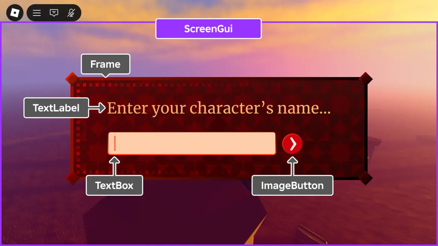 An example Roblox ScreenGui containing a Frame, TextLabel, TextBox and ImageButton — the TextBox is the input that most often needs filtering.