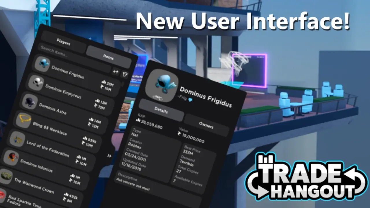 A Roblox trade hangout experience, the kind of player-run hub where avatar Limiteds and items change hands.