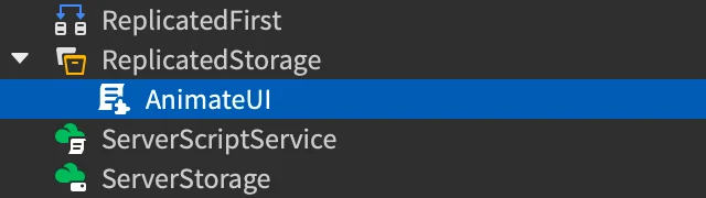 A ModuleScript named AnimateUI in the Roblox Studio Explorer, the docs-recommended home for shared tween helper functions.