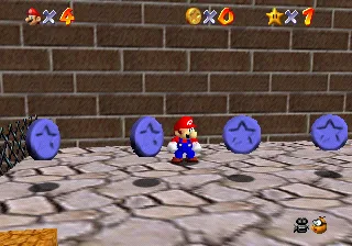Mario standing among four blue coins on a stone floor in Super Mario 64, each blue coin worth five yellow coins.