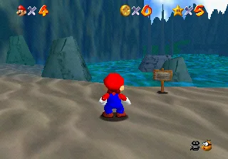 The shore of Jolly Roger Bay in Super Mario 64, with rock formations rising out of dark water and a wooden sign near the starting beach.