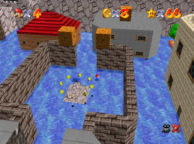 The flooded Downtown area of Wet-Dry World in Super Mario 64, with a ring of yellow coins on a small stone platform below the walkways.