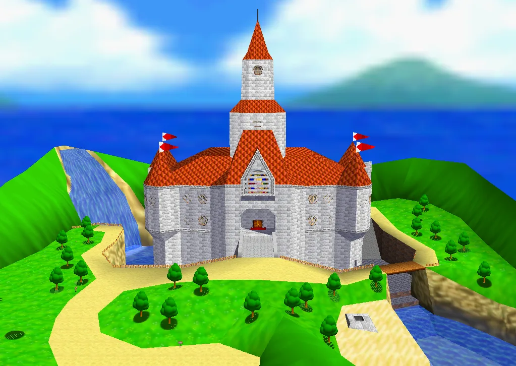 The Mushroom Castle hub in Super Mario 64, the central room whose star doors gate access to every course.
