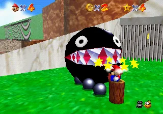 Mario reaching the Power Star locked behind Chain Chomp's iron gate in Bob-omb Battlefield.