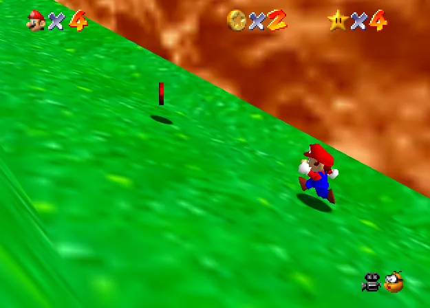 Mario collecting the red coin on the mountain path in Find the 8 Red Coins.