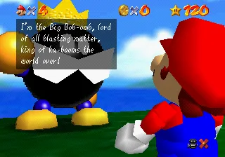King Bob-omb on the mountain summit in Bob-omb Battlefield, Super Mario 64's first boss fight.