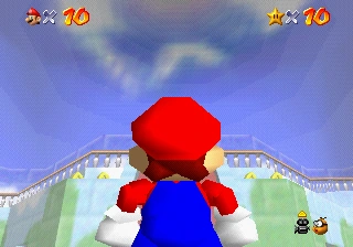 Mario standing in the beam of sunlight in the castle lobby and looking up, the 10-star warp to the Tower of the Wing Cap in Super Mario 64.