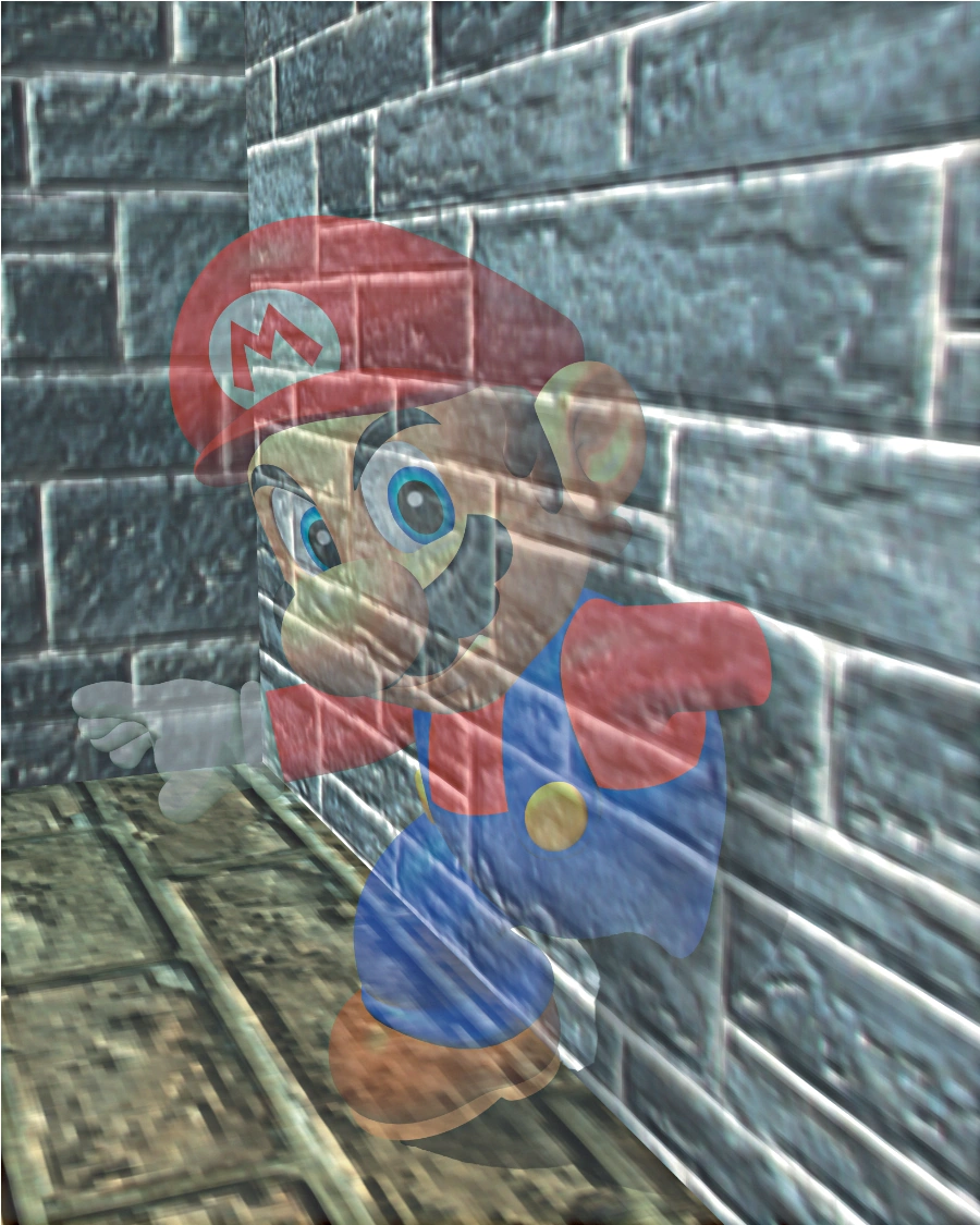Vanish Mario in Super Mario 64, the translucent form from the blue Vanish Cap that walks through fences and certain walls.