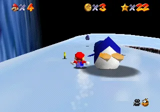Mario racing the Big Penguin down the slide inside the cottage on Cool, Cool Mountain in Super Mario 64.
