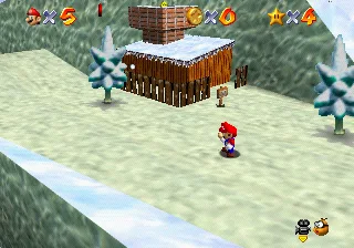 The starting area of Cool, Cool Mountain in Super Mario 64, with Mario on the snow beside the cottage whose chimney leads into the slide.
