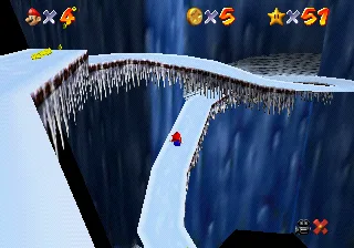 Mario belly-sliding down the Cabin's Snow Slide inside Cool, Cool Mountain in Super Mario 64.