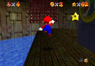Mario standing on top of Bowser's submarine in Dire, Dire Docks in Super Mario 64, next to the Power Star on the deck.