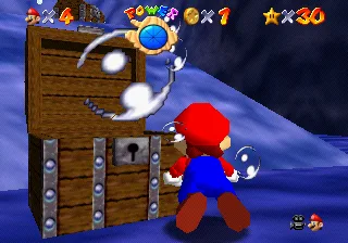 Mario opening a treasure chest on the sea floor of the first area of Dire, Dire Docks in Super Mario 64.