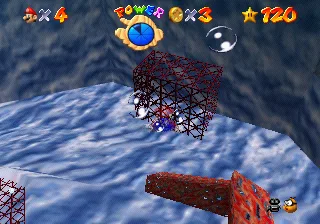 Mario, made translucent by the Vanish Cap, at the wire mesh of the cage on the sea bed in the second area of Dire, Dire Docks in Super Mario 64.