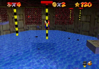 Mario jumping between poles suspended near the ceiling of Dire, Dire Docks in Super Mario 64 while collecting red coins.