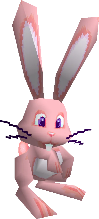 Mario's pink rabbit from Super Mario 64 DS, a low-polygon model sitting upright with tall ears, purple eyes, black whiskers and two buck teeth.