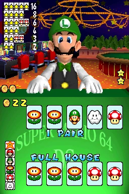 Picture Poker in Super Mario 64 DS: Luigi deals from a casino table on the top screen, while the touch screen shows his hand of two Fire Flowers scoring One Pair against the player's Full House of three Fire Flowers and two Super Mushrooms.