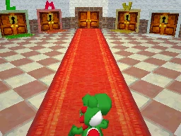 Yoshi walking up a red carpet in the princess's room of Super Mario 64 DS toward a row of doors: one marked L, one marked M, a plain door in the middle, one marked W, and a white-bordered door on the far right.