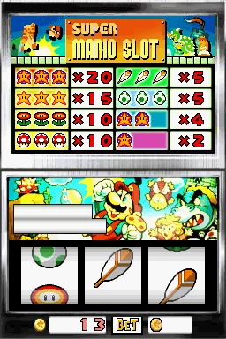 Luigi's Mario Slot minigame in Super Mario 64 DS, a screenshot the Super Mario Wiki also uses for Super Mario Slot: under a Super Mario Slot banner, the top screen lists the payouts for lines of Stars, Fire Flowers, Mushrooms, feathers and Yoshi eggs, and the touch screen's three reels show a Yoshi egg above a Fire Flower on the left and a feather on each of the other two.