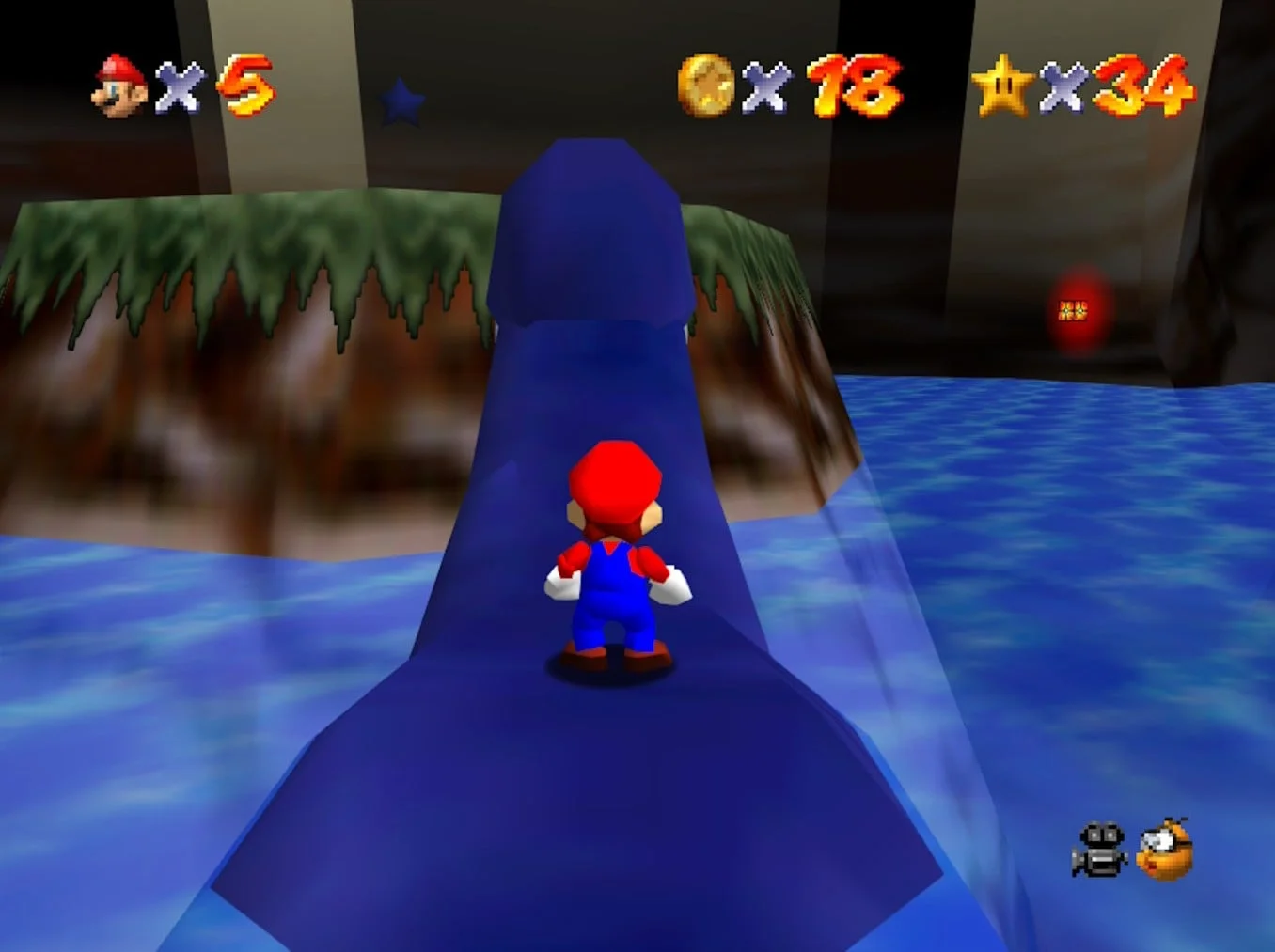 Mario riding Dorrie the plesiosaur across the Underground Lake in Hazy Maze Cave in Super Mario 64.