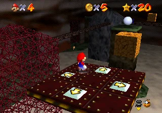 The elevator and lift area in Hazy Maze Cave where the eight red coins are collected in Super Mario 64.
