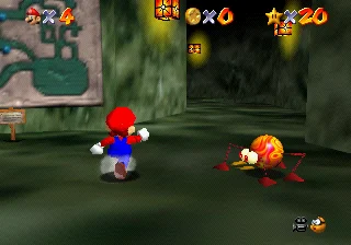 The dark interior of Hazy Maze Cave in Super Mario 64, a cavern of rock ledges and bottomless pits.